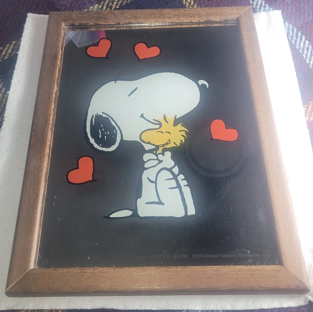 Vintage Snoopy and Woodstock Framed Glass Mirror